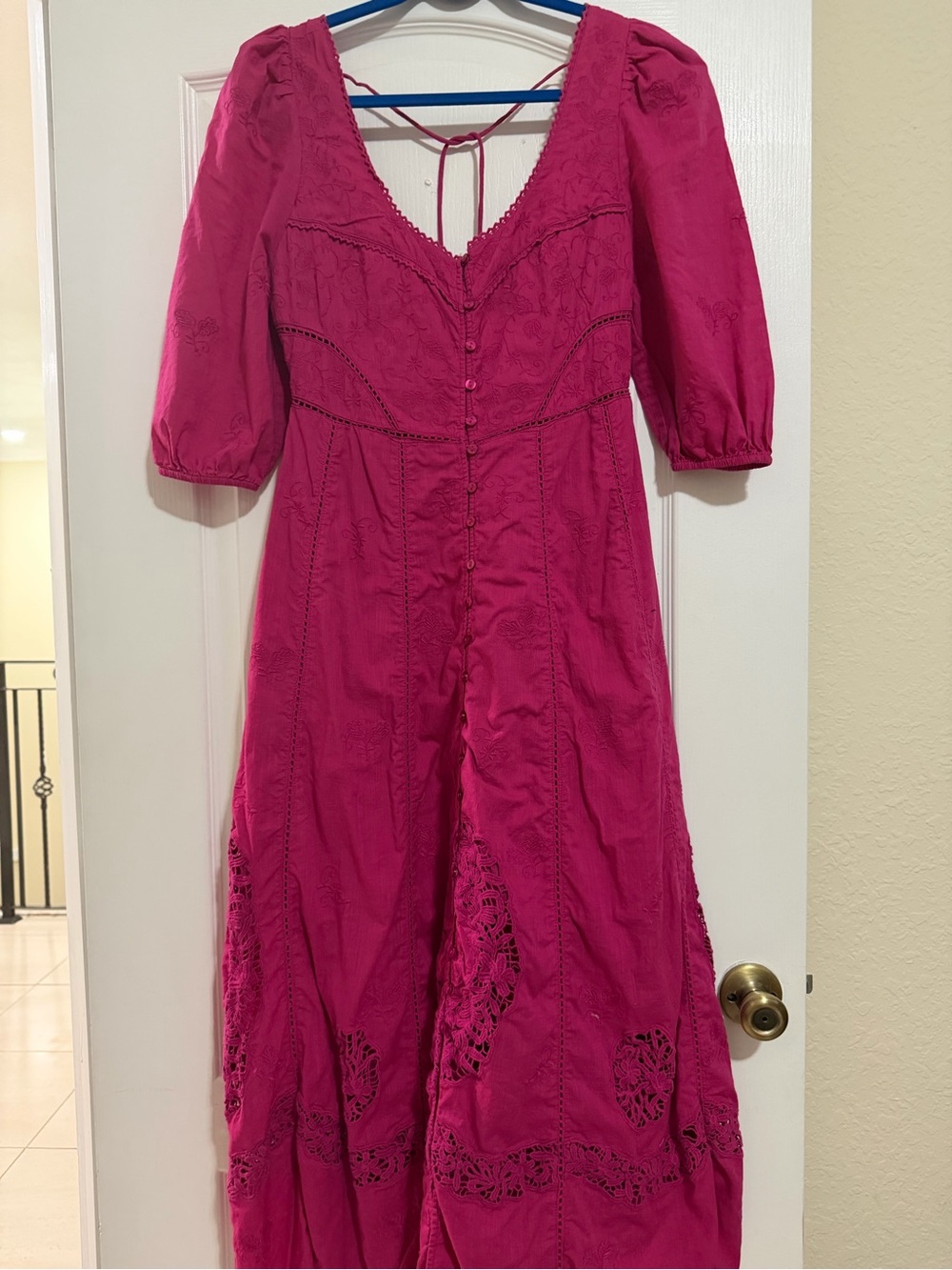 Free People Fuchsia Eyelet Maxi Dress with Puff Sleeves